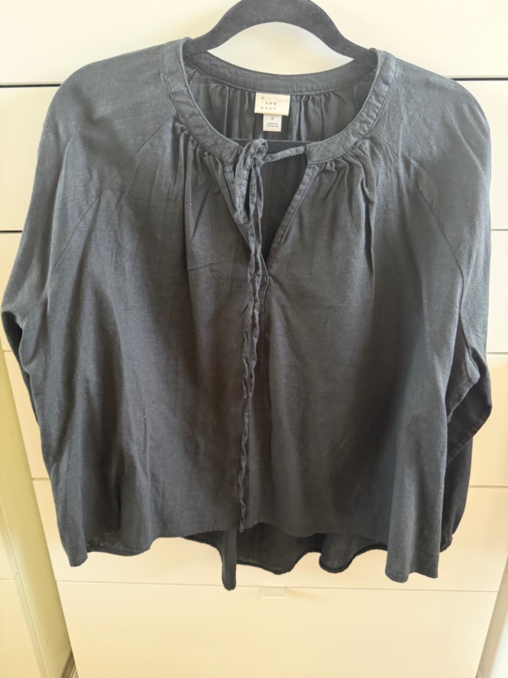 a.n.a Black Tie-Front Peasant Blouse Top